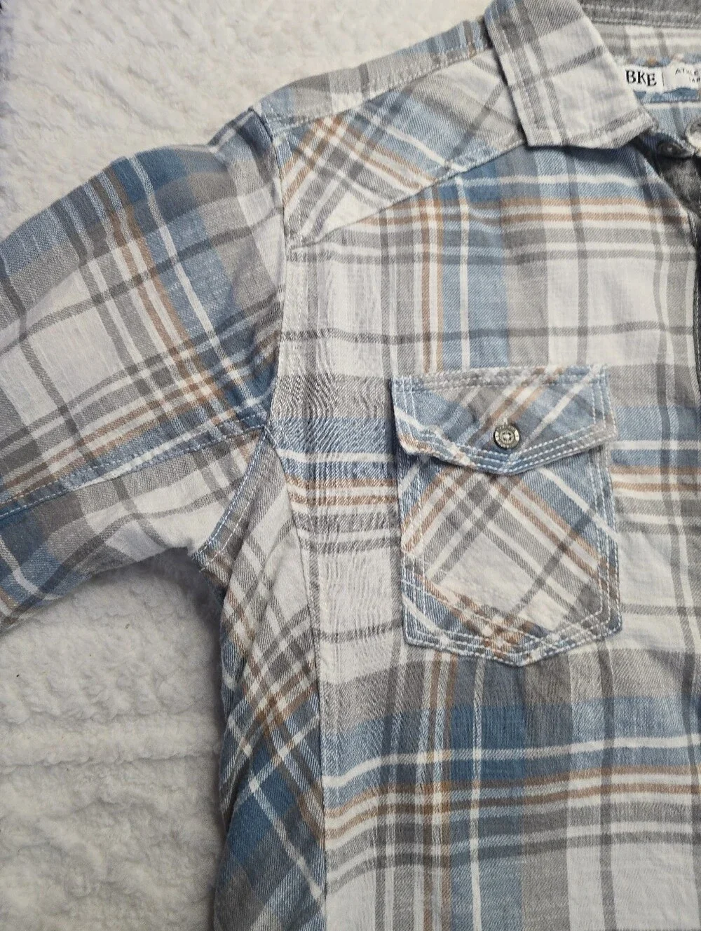 BKE Plaid Button-up Shirt Blue Gray Flannel Cotton Athletic Fit Western L